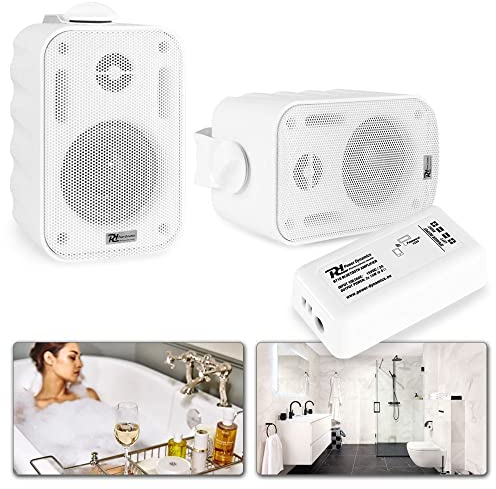 Sistema de Sonido Bluetooth Resistente a la Humedad – Altavoces 3” con Soportes + Amplificador Compacto + Cable de 10m – Ideal para baños, saunas, Jardines y Exteriores Cubiertos
