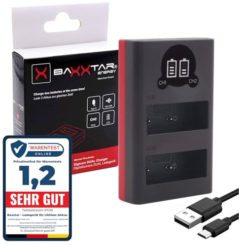 Baxxtar BLS-5 BLS-50 BLS-1 Battery Charger Dual LCD 18802 mini - powered by USB-C or Micro-US -