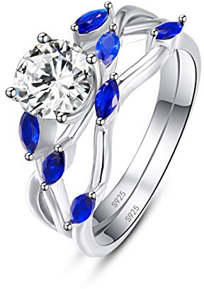 BONLAVIE Sterling Silber Runde kubischer Zirkon mit Marquise erstellt blauen Saphir Vine Bridal Ring Set57(18.1)