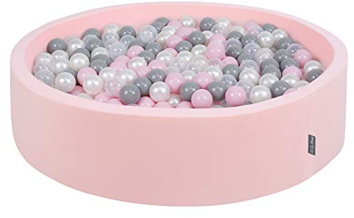 KiddyMoon Bällebad 120X30cm/300 Bälle Rund Groß Bällepool Mit Bunten Bällen Für Babys Kinder, Rosa:Perle-Grau-Tansparent-Puderrosa