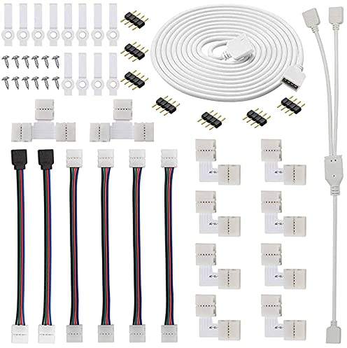GTIWUNG 5050 Kit di Connettori per Strisce LED RGB a 4 Pin Kit di Connettori LED RGB a 2 Vie, 10mm LED Connettore, Cavo di Prolunga RGB, 2M Cavo di Estensione, Clip per Striscia LED