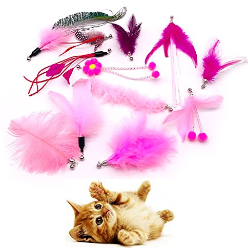 Pai Sence 12pcs Cat Feather Toy Replacement for Wand Kitten Toys Interactive Training Bell Inside Playing Gift for Chasing Jumping Exercise Refill Feathers Toy (Pink+Rosepink)