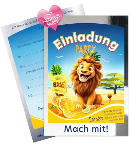 ZADAWERK® Einladungskarten - Trinkpäckchen Löwe - 12 Stück - Kindergeburtstag – Getränke-Verpackung - Löwenkönig - Party-Einladung - Junge - Mädchen