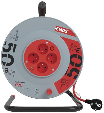 EMOS - Kabeltrommel 50m mit Schalter - 4 French-Steckdosen - 230 V, 16 A, 3680 W - hochwertige PVC-Isolierung - H05VV-F3G 1,5 mm2 - Überhitzungsschutz - IP20 für Innen