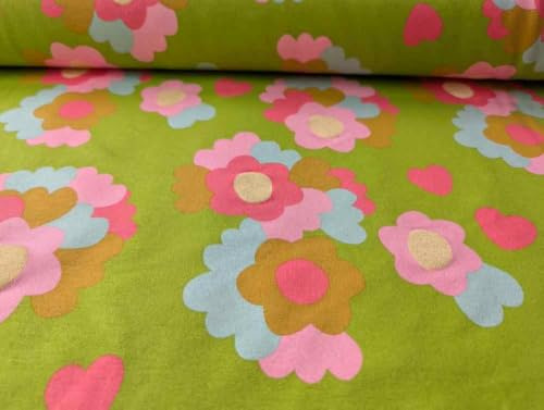 Sommersweat, Retro Musterung Blumen Grün als Meterware, 50 cm