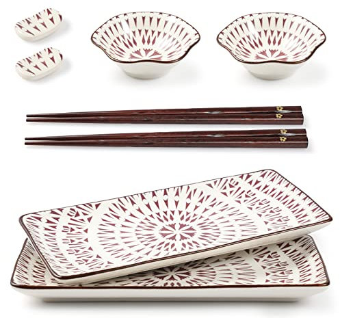Mallyu Sushi Plates Set 8 Pcs, 10 Ceramic Sushi Dishes Serving Set, Dinnerware Sets w/ 2 Sushi Plates and Soy Sauce Bowls-2 Chopsticks and Holder, Wedding Housewarming Gift, Sun Flower