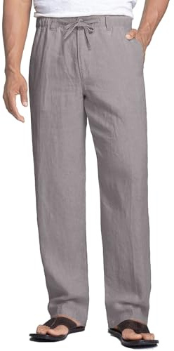COOFANDY Men's Linen Trousers Loose Fit Summer Casual Elasticated Waist Drawstring Trousers Holiday Beach Linen Pants with Pockets Lightweight