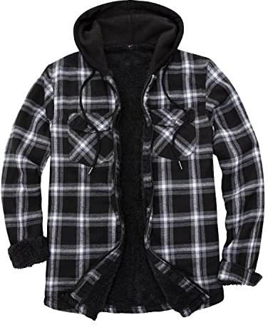 Lisskolo Men's Sherpa Flannel Jacket with Hood Plaid Zip Up Fleece Lined Hooded Shirt Jackets for Men, Black Grey, M