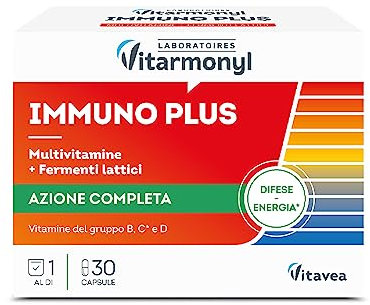 Vitarmonyl Immuno Plus, Integratore con Vitamine, Minerali e Fermenti Lattici, Supporto per Difese Immunitarie ed Energia, Multivitaminico, Vitamina B, Vitamina C e D, 30 Capsule