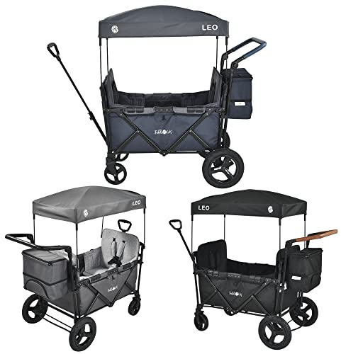 FableKids Bollerwagen Leo X2Plus mit Dach 2 Sitzplätze Faltbarer Transportwagen XXL-Hecktasche 5-Punkt-Gurt 360° Offroad Räder Fußbremse Oxford 600D Leinen Blueberry Blau