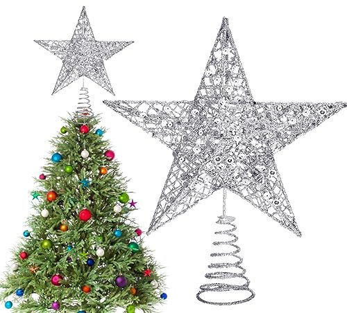 Weihnachtsbaumspitze Topper aus Metall, Weihnachtsstern Topper Glitzernder, Metall-Baumspitze Stern, Weihnachtsbaumspitze glitzernder, baumkronen Lampe, Weihnachten Dekoration, 20 cm, Silber