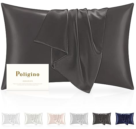 Poligino Seide Kissenbezug 100% Seide 50x80cm,Superweicher Seidenkissenbezug 22 Momme,Allergiearme Kissenbezüge zum Schutz von Haar und Haut,1Stück Atmungsaktiver Kissenbezug,Dunkelgrau