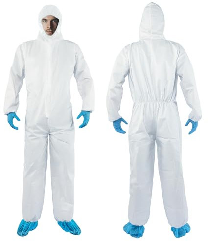 YIBER Hazmat Suit Einweg-Overall | Ganzkörper-Maleranzug in 7 Größen mit mehreren Spezifikationen für Damen und Herren - L, Weiß, 2