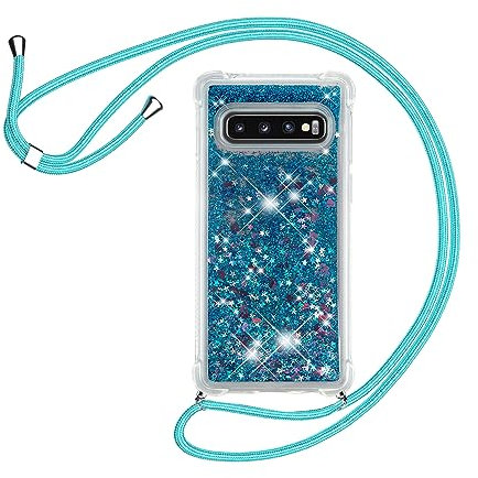 HomiTunky Handykette für Samsung Galaxy S10 Hülle mit Band,Silikon Durchsichtig Transparent Flüssig Glitzer mit Kette Kordel Bumper Treibsand Necklace TPU Schutzhülle Samsung Galaxy S10 Case,Blau