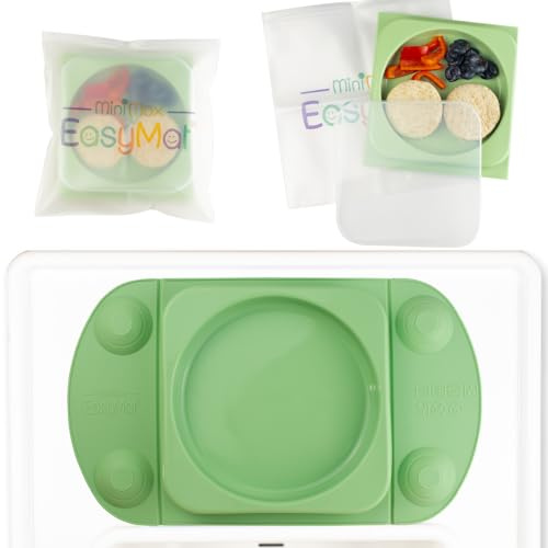 EasyMat MiniMax Silicone Baby Weaning Suction Open Bowl Plate by EasyTots | Strongest 5-Point Suction Feeding Mat with Lid and Carry Case for High Chair Feeding and Travel (Sage)