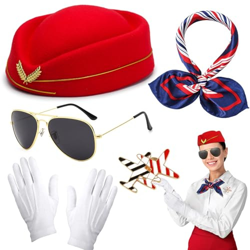 Beamely 5Pcs Airline Stewardess Costume Accessories Set, Flight Attendant Fancy Dress Kit with Stewardess Hat Scarves Brooch Sunglasses Gloves Cosplay Outfit for Adults Girls Cosplay Dress up Party