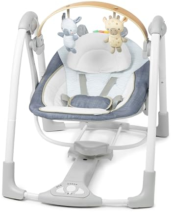 Ingenuity, Altalena portatile Swing 'n Go, arco attività rimovibile in legno resistente, 5 velocità, per bambini da 0 a 9 mesi, fino a 9 kg - Chambray