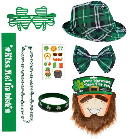 Focupaja St. Patrick's Day Zubehör Kostüm Kleeblatt Stirnband Kopfbedeckung Grüner Hut, Kleeblatt Halskette, Armband, Brille, Schnurrbärte für Irish Festival Party(7 Pcs) Hut & Fliege Set
