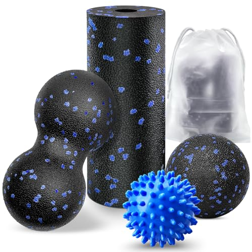 Eurtes Lot de 4 balles de massage pour fascia, petit rouleau de fascia, balle hérisson de 7 cm et balle de massage double pour la colonne vertébrale, le dos, la nuque et les pieds, rouleau noir