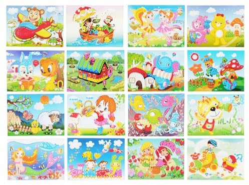 AUAUY 16 Stück Mosaik-Set für Kinder, Unterhaltsame Kunst- und Bastelprojekte für Kinder, Glitter Moosgummi Mosaik-Bild, DIY Kinder Bastelset Geschenke für Mädchen Jungen Basteln ab 4 Jahre