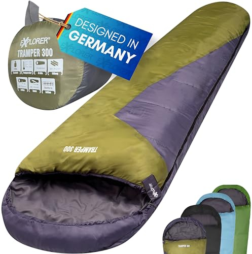 EXPLORER® Tramper 300 Schlafsack Grau -16°C +13°C [300g/m²] 3 Jahreszeiten Leichter Mumienschlafsack für Erwachsene[1500g] 230x80x55cm kombinierbar für Outdoor, Camping, Trekking und Reisen