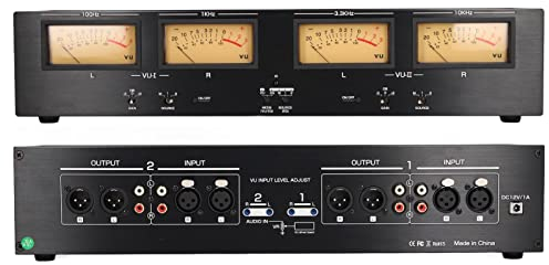 flexman 4 Wege Analog VU Meter, Einstellbare Verstärkung, RCA XLR Umschalter Adapter, Schallpegelanzeige, Integriertes Mikrofon Tonabnehmermodul, EQ Spektrum Modus für Heimkino