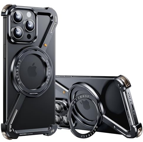 OATSBASF Minimalistische iPhone 15 Pro Max-Hülle (6,7 Zoll) – 360° drehbar, Aluminium-Design, stoßfeste Bumper-Z-Schutz, Schwarz