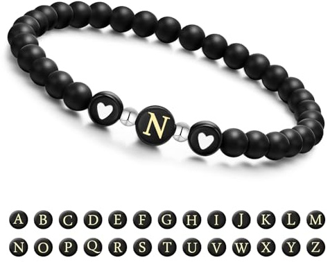 Armband Damen mit Buchstaben und Herz - Partnerarmbänder Freundschaftsarmband mit 6mm Naturstein Perlen Personalisierte Geschenke Armband Paare Mädchen bff Schwesterherz Mutter und Tochter (Schwarz-N)