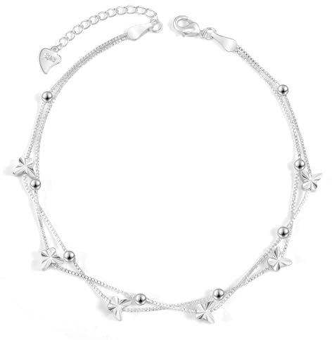 YELUWA Bracelet de Cheville Papillon Bracelets de cheville pour Femme, Femme Argent Sterling 925 Chaînes de Cheville Plage d'été Pieds nus Double Chaîne Réglable pour Amitié Fille Petite-fille Nièce