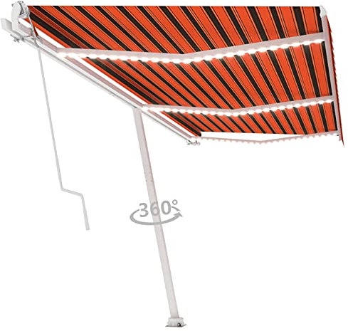 Homgoday Automatische Markise mit LED & Windsensor Gelenkarmmarkise Balkonmarkise Sonnenmarkise Sonnenschutz, mit Handkurbel, Höhen und Winkel Verstellbar, 600x300 Orange/Braun