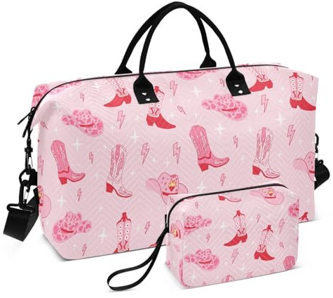 VIGTRO Reisetasche, Wochenendtasche, Übernachtungstasche, mit Kulturbeutel, Retro-Cowgirl-Stiefel, bedruckt, Handgepäcktasche, rosa Westhut für Krankenhaus, Fitnessstudio, Reisen, Business, 2-teiliges