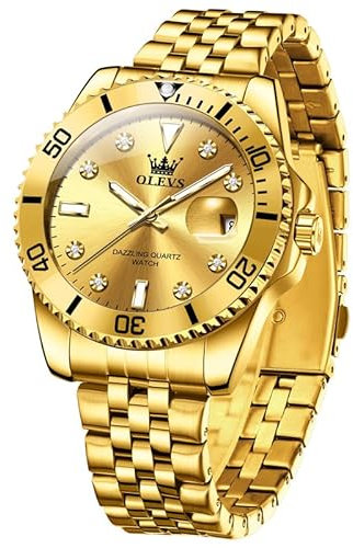 OLEVS Gold Armbanduhr Herren Großes Gesicht Edelstahlband Diamant Uhren Klassisches Luxus Großes Zifferblatt Analog QuarzUhr Wasserdicht Leuchtend Business Herren Kleid Uhr