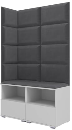 RAVIO Garderoben-Set NELA V mit Gepolstertes Wandpaneele, 100cm Flurgarderobe, Zwei Schuhschränke mit Push-to-Open-System (Weiß + Dunkelgrau (Trinity 15))