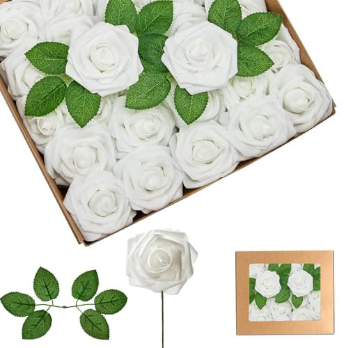 25 rose artificiali bianche in schiuma realistica al tatto, rose finte con steli, per sposa/baby shower, tombe, San Valentino, Natale, decorazioni per matrimoni