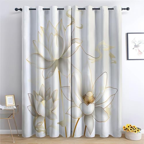 XCQHZYQ Verdunkelungsvorhänge Goldene Linien des Weißen Lotus White | 2er Set Blickdichte Thermo-Gardinen mit Ösen für Kinderzimmer Wohnzimmer H 229 x B 168 cm