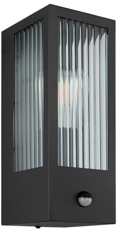 GLOBO LED Wandleuchte mit Bewegungsmelder Außenleuchte Glas Wandlampe schwarz Sensor, Metall, 1x E27 LED warmweiß, LxBxH 15,4x12x32 cm