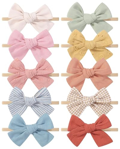Dooboi 10PCS Baby Headbands, Baby Bow Headbands, Newborn Baby Girls | Cotton Linen Bows Soft Stretchy Nylon Hairbands Hair Accessories for Newborn Infant Toddlers 3.5Inches Hair Bows