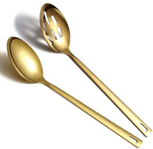 Kyraton - Juego de 2 cucharas de cocina doradas, de acero inoxidable, con ranura sólida, chapado en oro de titanio, utensilios de cocina para mezclar, servir, remover