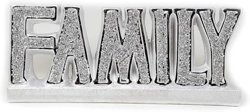 JAYOGLA Diamante Figurine Ornament, Silver Crushed Diamond, Living Room, Dining Room, Entryway, Bedroom, Wedding, Office Decoration (26cm, Family Letters)
