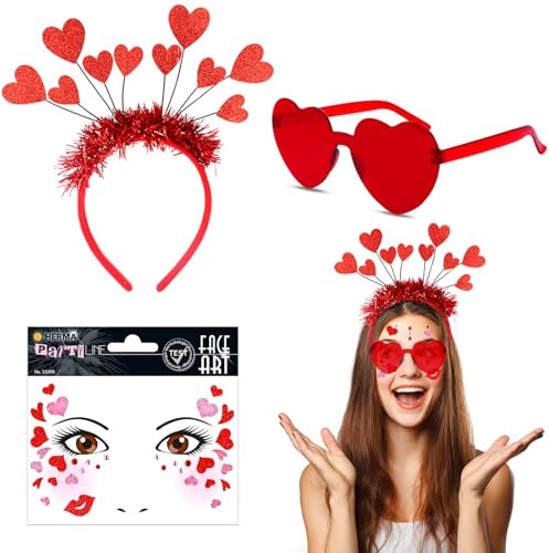 vnfsmy Amor Kostüm Accessoires, Haarreif Herzen + Herz Brille mit Herz Tattoos Amor Haarreif Heart Glasses für Valentinstag Karneval Fasching Hochzeit Weihnachten Foto Requisiten Kostüm Party