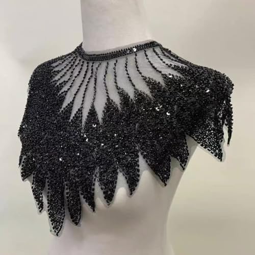 WANYI Spitze Applique Patch Stickerei Spitzenkragen Halskragen Pailletten Spitze Ausschnitt Einsatzkragen Kragen Verzieren für DIY Brautkleid Dekoration Kleidung Zubehör (Schwarz)