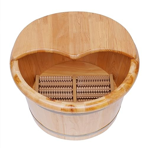 Wooden Footbath with Massager and Lid, Cedar Wood Footbath with Lid, 9-Inch Deep Basin for Comfort and Relaxation, Pedicure Bucket for Footbaths, Soaks, Massages, Spas, Saunas