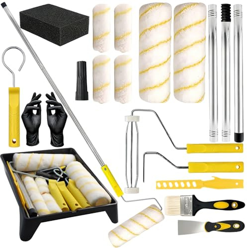 19-Piece Paint Roller Set with Extension Pole, 9 & 4 Microfibre Roller Sleeves & Decorating Tray Kit for Emulsion Paint, Includes Brush, Scraper & Gloves for Walls, Ceilings & Skirting Boards
