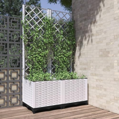 Myheimly Pflanzkübel mit Rankgitter Blumenkübel Pflanzkasten Blumentopf Blumenkasten Rankhilfe Spalier Gartenspalier,PP Pflanzkübel Weiß,80 x 40 x 136 cm
