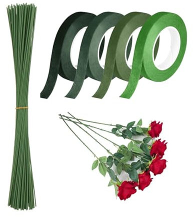 PEAPIN 24 Pcs Flower Arranging Accessories, 4 Rolls Green Florist Tapes and 20 Pcs Florist Wires, Floral Tape for Wedding Bouquet Stem Wrapping and DIY Handcrafts