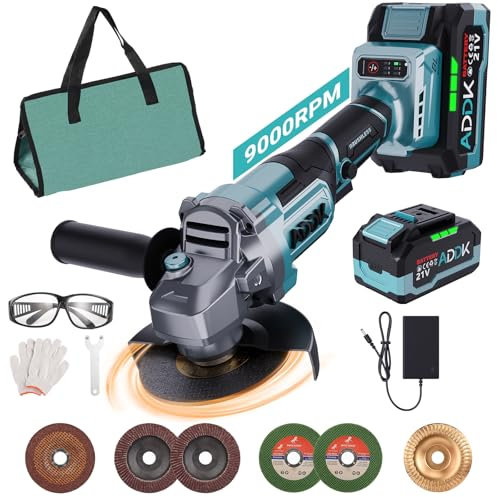 Meuleuse D'angle Sans Fil 125mm,Professional 21V System Meuleuse Angulaire Sans-Fil avec 4000 mAh & Chargeur, 6 positions de Réglage, 9000 tr/min Moteur Brushless Meuleuse à Métaux Avec Disques