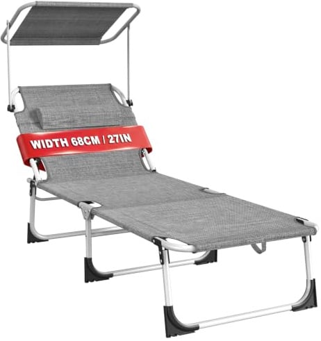 AufuN Sonnenliege Klappbar mit Dach und Seitentasche 195x68 cm Grau | Wetterfeste Gartenliege, stabile Strandliege, Sonnenschutz & verstellbare Rückenlehne, bis 100 kg, ideal für Terrasse Campin