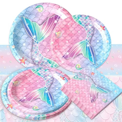 ensemble vaisselle fête sirène rose assiettes gobelets serviettes | ensemble vaisselle fête sirène rose assiettes gobelets serviettes en carton déco anniversaire thème sirène pour enfants