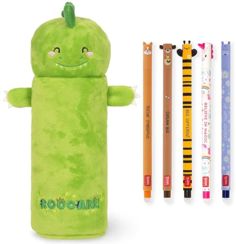 LEGAMI Super Soft Pencil Case & Erasable Gel Pens | Set of 5 Cute Animal Pens with Thermosensitive Ink + Plush Pencil Case | Back to School Supplies for Girls, Boys, Kids & Teens (Dino)
