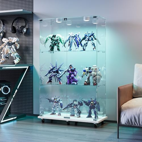 Vitrine für Sammlungen, groß, Glasvitrine mit Licht, 123,3 x 35 x 78,5 cm, Vitrine mit Rollen und LED, 2 Türen, 3 Einlegeböden, transparent (2 Türen, 3 Etagen, Weiß + Rad)